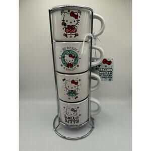 NEW Hello Kitty Holiday Ceramic Mug Tower Set of 4 Espresso 3oz Cups